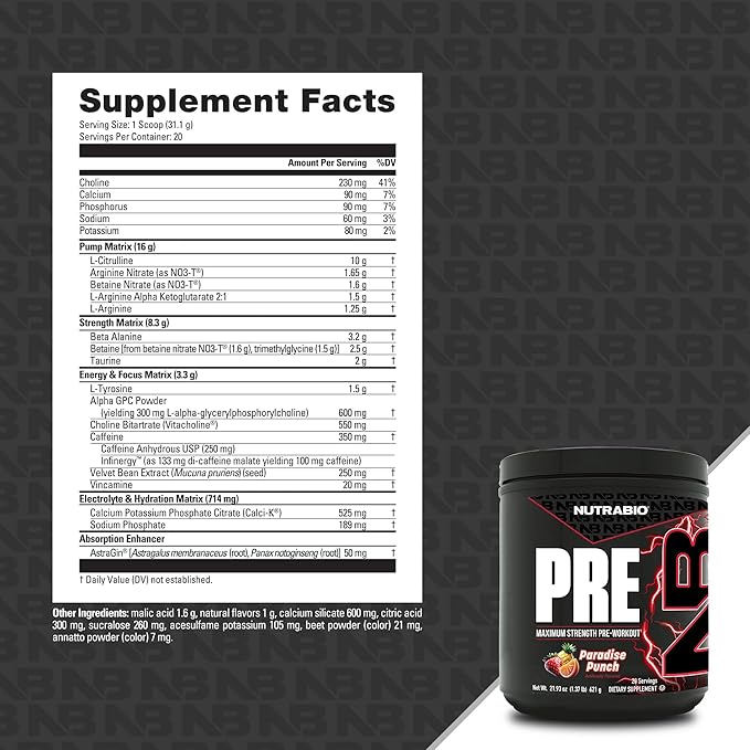 NutraBio PRE Workout Powder - New Formula- Sustained Energy, Mental Focus, Endurance - Beta Alanine, Caffeine, Electrolytes - 20 Servings - Paradise Punch