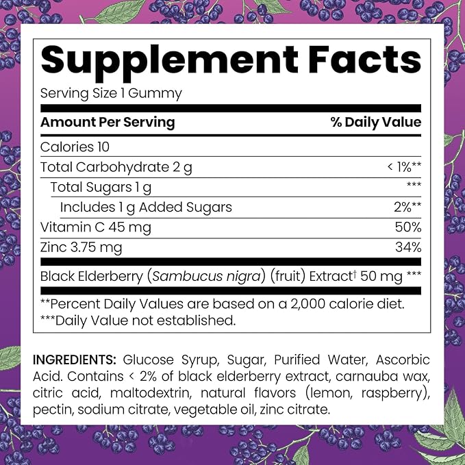 Kids Elderberry Gummies 50mg - Daily Immune Support with Vitamin C & Zinc, Natural Berry Flavor, Antioxidant, Gluten Free, 60 Gummies (2-Month Supply)