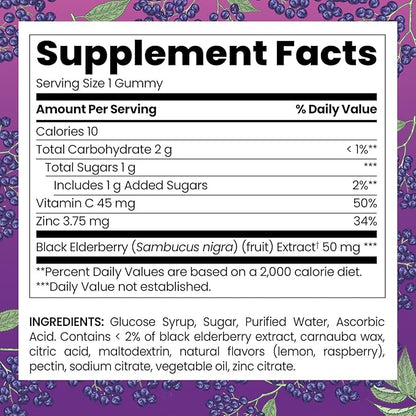 Kids Elderberry Gummies 50mg - Daily Immune Support with Vitamin C & Zinc, Natural Berry Flavor, Antioxidant, Gluten Free, 60 Gummies (2-Month Supply)