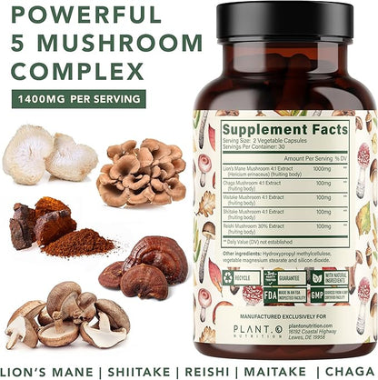 Plant.O Premium Lion's Mane Supplement, All Natural Nootropics Brain Supplement, 5 Mushroom Complex – Lion’s Mane, Reishi, Chaga, Maitake, Shiitake for Immunity, Focus, Mood & Memory Boost, 90 Caps