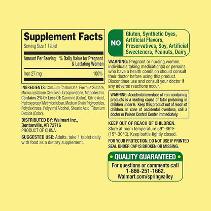 Convergence Spring Valley Iron as Ferrous Sulfate Tablets Dietary Supplement, 27 mg, 250 CountNo preservatives, Artificial Dyes or sweeteners