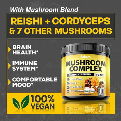 Satoomi 10in1 Mushroom Supplement Complex - Lions Mane, Cordyceps, Reishi, Chaga and 6 More - Brain Supplements for Memory & Focus - 90 Count - 3 Months Supply