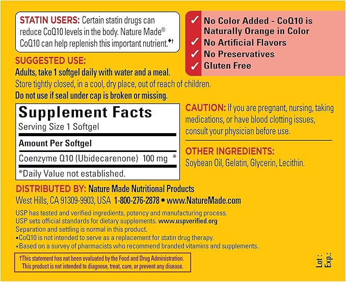 Nature Made CoQ10 100mg, Dietary Supplement for Heart Health Support, 72 Softgels, 72 Day Supply