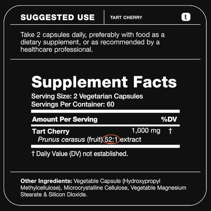 Tart Cherry Capsules - Ultra High Potency 52:1 Extract - Highly Concentrated - Third-Party Lab Tested for Purity & Quality - 120 Capsules