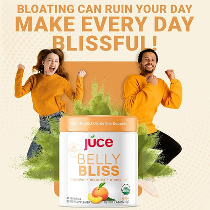 Júce Belly Bliss, Peachy Greens, 30 servings, Probiotics + Greens, Bloating Support with Plant-Based Digestive Enzymes, Dietary Supplement Powder - By Terra Kai Organics