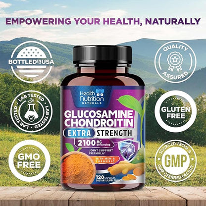 Glucosamine Chondroitin MSM Complex - 2100mg Joint Support Supplement with Turmeric & Boswellia - Quercetin for Joints, Bones, Knees & Mobility - Triple Strength Glucosamine Sulfate - 120 Capsules