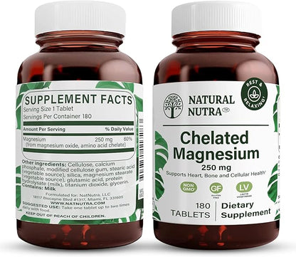 Natural Nutra Chelated Magnesium Oxide 250 mg - High Absorption for Strong Bones, Heart Health, Dental Health, Energy Boost, Gluten-Free, Non-GMO, 180 Tablets in BPA-Free Recyclable Glass Bottles