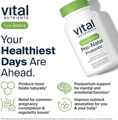 Hyperbiotics Vital Nutrients Pro-Natal Prenatal Probiotics for Women | Support for Occasional Nausea, Bloating, and Gas | Vegan Pregnancy Probiotic for Women | Gluten, Dairy, Soy Free | 30 Tablets