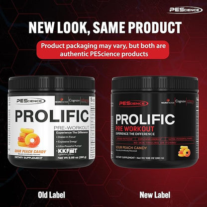 PEScience Prolific Energy Pre Workout – L Citrulline for Nitric Oxide, Rhodiola & CDP Choline Nootropic for Focus – Preworkout for Men & Women – 40 Scoops, Sour Peach Candy