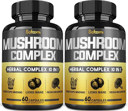 Satoomi 10in1 Mushroom Complex Supplements Capsules - 4 Month Supply - Blends with Lions Mane, Cordyceps, Reishi, Chaga, Maitake, Shitake & Others - 2 Packs 60 Capsules