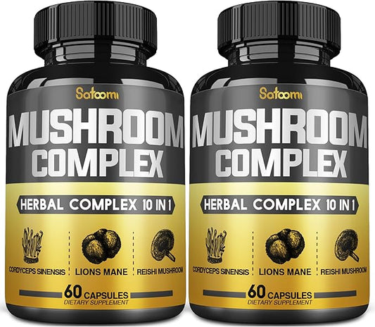 Satoomi 10in1 Mushroom Complex Supplements Capsules - 4 Month Supply - Blends with Lions Mane, Cordyceps, Reishi, Chaga, Maitake, Shitake & Others - 2 Packs 60 Capsules