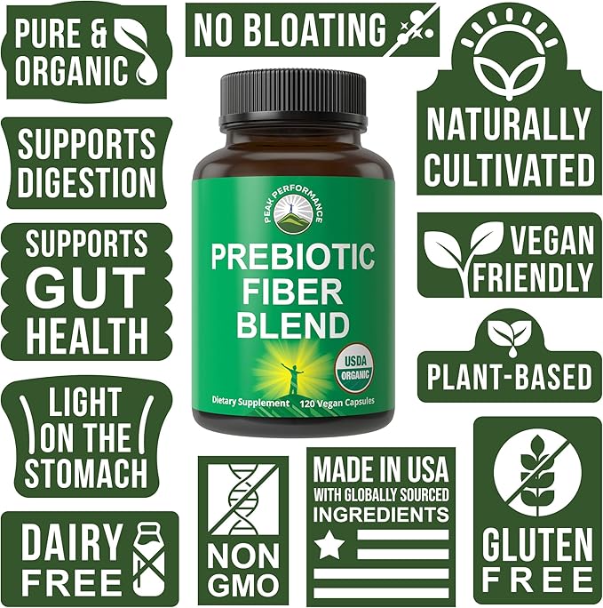 USDA Organic 3-in-1 Prebiotic Fiber - Vegan Capsules for Gut, Digestive Health. Raw Whole Food Plant Based Prebiotics Pills Supplement with Inulin (Jerusalem Artichoke), Acacia Fibers, SunFiber