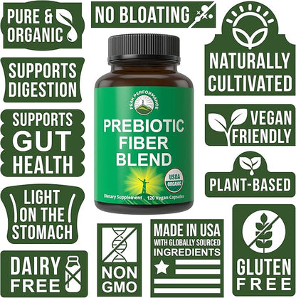 USDA Organic 3-in-1 Prebiotic Fiber - Vegan Capsules for Gut, Digestive Health. Raw Whole Food Plant Based Prebiotics Pills Supplement with Inulin (Jerusalem Artichoke), Acacia Fibers, SunFiber