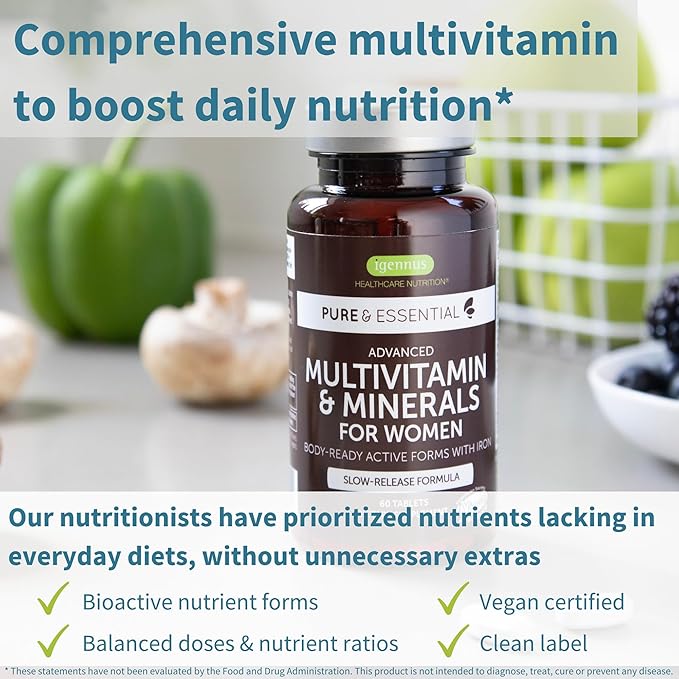 Igennus Methylated Women's Multivitamin, Methylated Folate for MTHFR, 21 Highly Bioavailable Nutrients, Clean Label & Sustained Release, with Iron, Non-GMO, Halal, 180 Vegan Tablets
