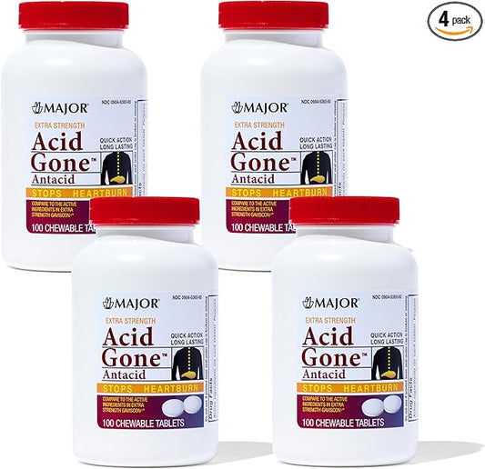 Major Acid Gone Extra Strength Antacid Chewable Tablets - Anti-Acid Relief - Acid Reflux Medicine for Adults - Upset Stomach, Acid Indigestion, and Heartburn Relief - Long-Lasting - 100-Count (4 Pack)