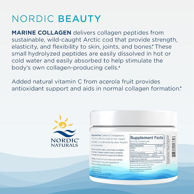 Nordic Naturals Nordic Beauty Marine Collagen Powder, Strawberry - 5.29 Ounces - Collagen Powder Supplement for Healthy Skin, Joints, and Bones, Vitamin C for Antioxidant Support - 30 Servings