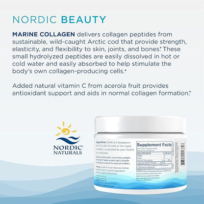 Nordic Naturals Nordic Beauty Marine Collagen Powder, Strawberry - 5.29 Ounces - Collagen Powder Supplement for Healthy Skin, Joints, and Bones, Vitamin C for Antioxidant Support - 30 Servings