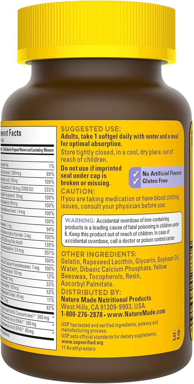 Nature Made Postnatal Multivitamin + DHA 200 mg, Postnatal Vitamins for Breastfeeding Moms & Babies, Vitamins & Nutrients Include Iron, Vitamin D3, Calcium, Iodine and More, 60 Softgels