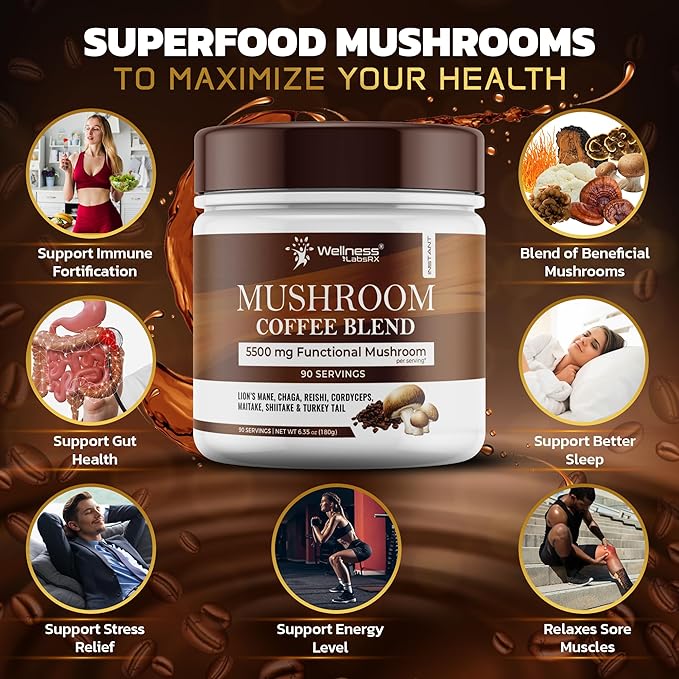 Mushroom Coffee, 90 Servings Organic Mushrooms Instant Coffea, Great Tasting Colombian Keto Coffee, 7 Superfood Mishrooms Lions Mane, Chaga, Reishi, Cordyceps, Maitake, Shiitake, and Turkey Tail