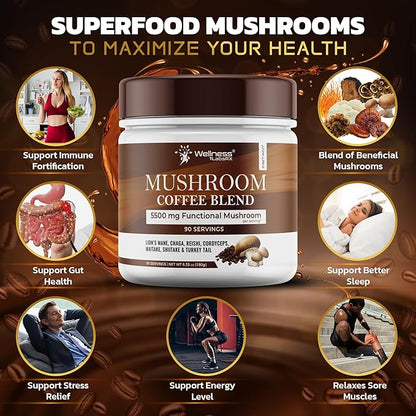 Mushroom Coffee, 90 Servings Organic Mushrooms Instant Coffea, Great Tasting Colombian Keto Coffee, 7 Superfood Mishrooms Lions Mane, Chaga, Reishi, Cordyceps, Maitake, Shiitake, and Turkey Tail