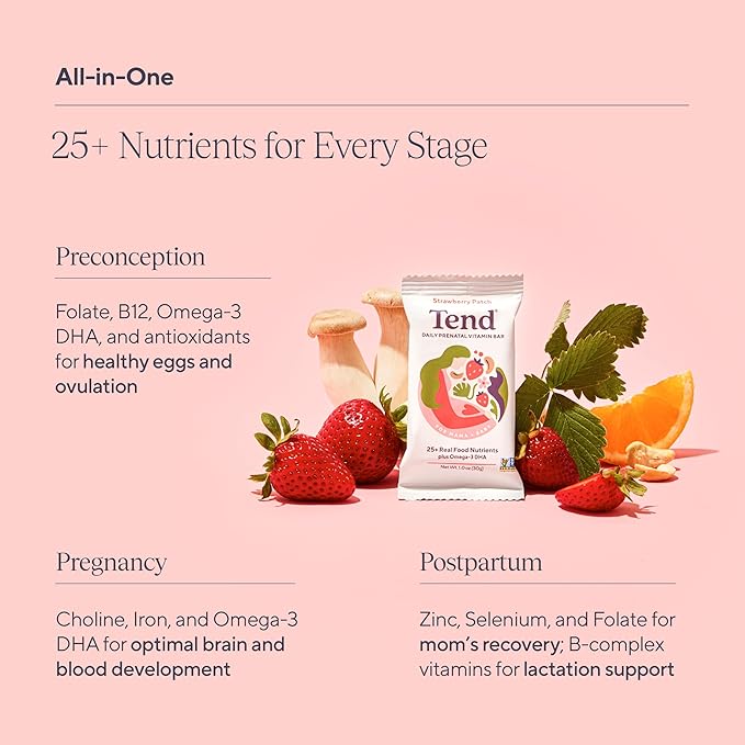 Tend Daily Best Prenatal Vitamin Bar, Made with Organic Ingredients for Pregnant & Postpartum Mothers, Includes DHA, Vitamin D, B, Choline, Folate, Sunflower Lecithin - Strawberry Patch (7ct)