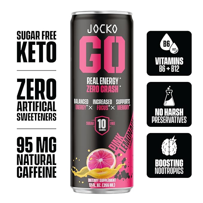 Jocko GO Energy Drink - KETO, Vitamin B12, Vitamin B6, Electrolytes, L Theanine, Magnesium- Energy Boost, Sugar Free Nootropic Monk Fruit Blend - 12 Pack (Pink Lemonade)