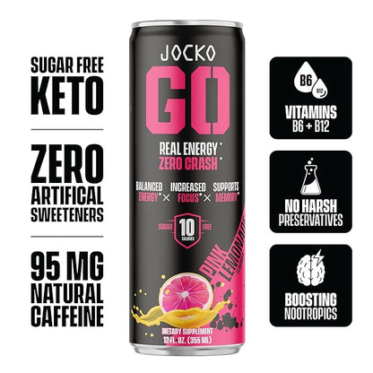 Jocko GO Energy Drink - KETO, Vitamin B12, Vitamin B6, Electrolytes, L Theanine, Magnesium- Energy Boost, Sugar Free Nootropic Monk Fruit Blend - 12 Pack (Pink Lemonade)