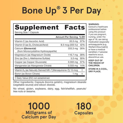 Jarrow Formulas BoneUp Three Per Day For Bone Support and Skeletal Nutrition, Includes Vitamin D3, K2 (as MK-7) and 1000 mg of Calcium Per Day, 180 Capsules, 60 Day Supply