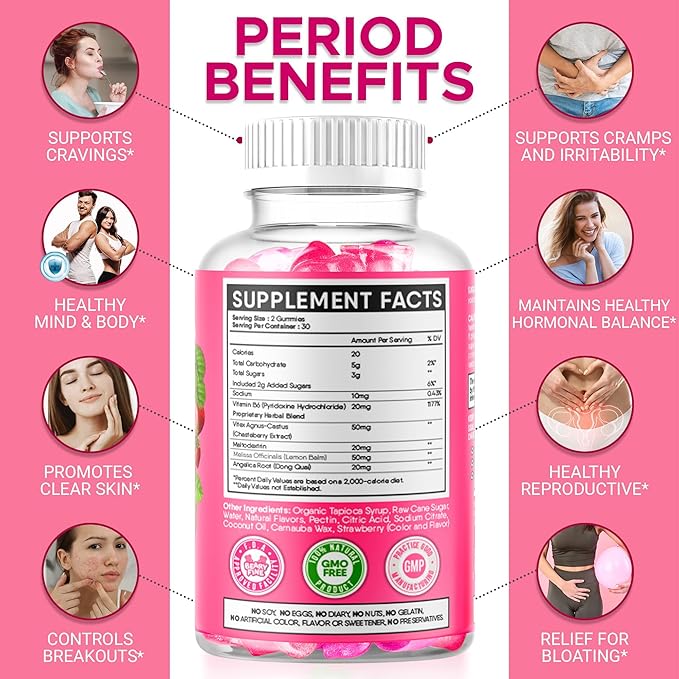 PMS Gummies - PMS Vitamins for Women & Teens - PMS Period Relief - Cramping, Bloating, Mood Swings - Made in The USA (Strawberry, 60 Count)