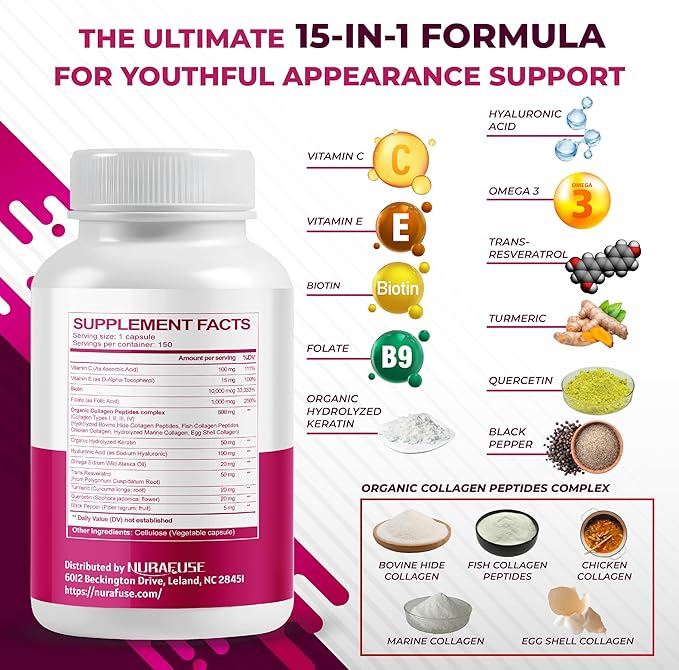 Collagen Peptides 15-in-1 Supplement with Vitamin C Vitamin E Keratin Hyaluronic Acid Omega 3 Resveratrol Turmeric Quercetin - Made in The USA