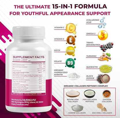 Collagen Peptides 15-in-1 Supplement with Vitamin C Vitamin E Keratin Hyaluronic Acid Omega 3 Resveratrol Turmeric Quercetin - Made in The USA