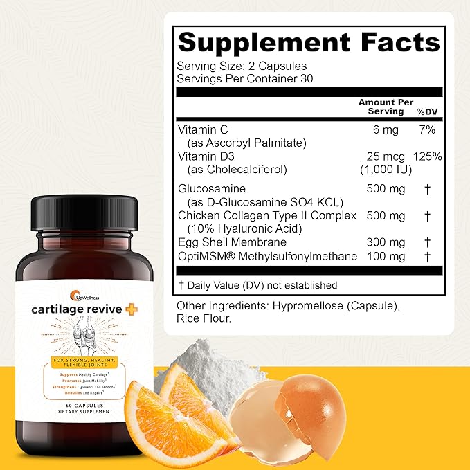 Cartilage Revive + Joint Support Supplement for Men and Women for Strong, Flexible Joints - Powered by D-Glucosamine Sulfate, MSM, Vitamin D3, Vitamin C and More - 60 Capsules