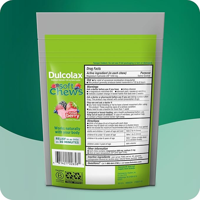 Dulcolax Saline Laxative Soft Chews, Gentle Constipation Relief, Mixed Berry Flavor, Magnesium Hydroxide 1200 mg, 15 Count