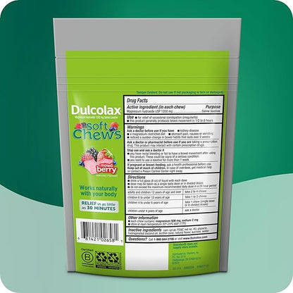 Dulcolax Saline Laxative Soft Chews, Gentle Constipation Relief, Mixed Berry Flavor, Magnesium Hydroxide 1200 mg, 15 Count