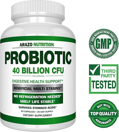 Arazo Nutrition Probiotic 40 Billion CFU - Shelf Stable with Prebiotics and Acidophilus - Stable Potency Until Expiration – Time Delay Release Probiotics