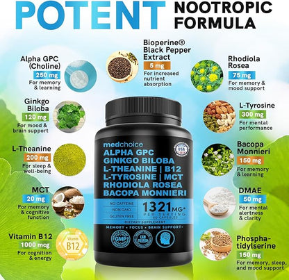 MEDCHOICE 12-in-1 Nootropic Ginkgo Biloba for Brain Support, Memory and Focus - B12, Alpha GPC, L Theanine and Choline Supplements with Bioperine Non Caffeinated 1321mg (240ct)
