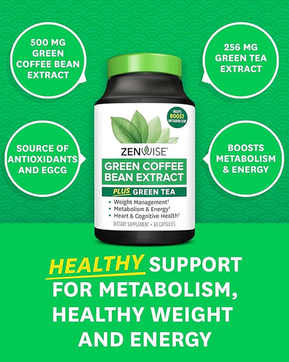 Zenwise Health Green Tea Extract with Green Coffee Bean Extract - Vegan Skin & Heart Support + Brain Health & Memory Boost - 60 Count