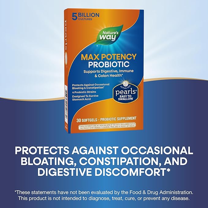 Nature's Way Max Potency Probiotic Pearls for Men and Women, Supports Digestive, Immune, Colon Health*, 5 Billion Live Cultures, No Refrigeration Required, 30 Softgels