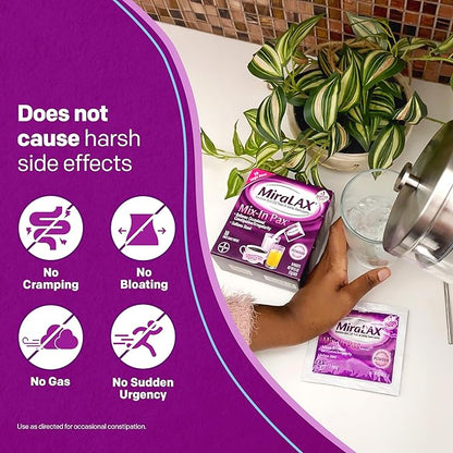MiraLAX Gentle Constipation Relief Laxative Powder, Stool Softener with PEG 3350, No Harsh Side Effects, 1 Doctor & OBGYN Recommended, Single Dose Mix-in Pax, Travel Pack, 24 Dose