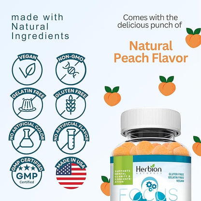 HERBION Naturals Taurine Gummies with Ginseng, L-Theanine, Vitamin C, B3, B6, & B12, Support Mental Clarity & Concentration*, Natural Peach Flavor, Gluten-Free, USA Made, 240 Count (Pack of 4)