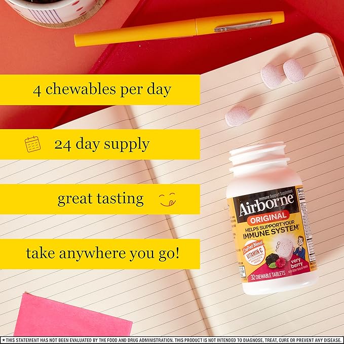 Airborne 1000mg Vitamin C Chewable Tablets Citrus & Very Berry Flavor Bundle - Immune Support Supplement with Zinc and Powerful Antioxidant Vitamins A C & E, (2x96ct bottles)*