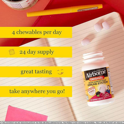Airborne 1000mg Vitamin C Chewable Tablets Citrus & Very Berry Flavor Bundle - Immune Support Supplement with Zinc and Powerful Antioxidant Vitamins A C & E, (2x96ct bottles)*