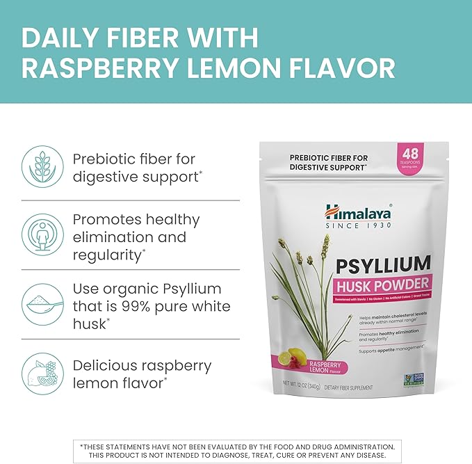 Himalaya Raspberry Lemon Psyllium Husk Powder, Daily Fiber Supplement for Digestive Health & Regularity, Sugar-Free, Gluten-Free, Vegan, No Artificial Colors, Easy-to-Mix, 12 oz (340 g)