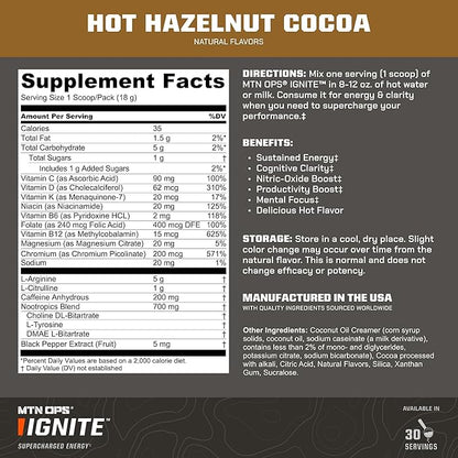 MTN OPS Hot Ignite Instant Coffee Nootropic & L-Arginine L-Citrulline for Cognitive Clarity, Mental Focus & Nitric-Oxide Boost | 200mg Caffeine per Serving, 30 Servings | Mountain Mocha