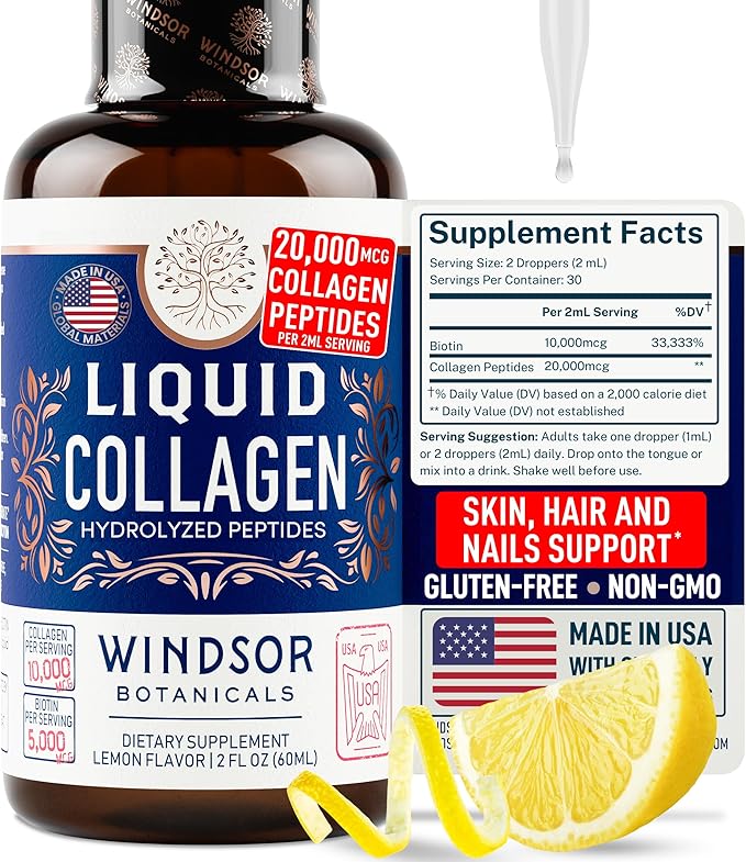 Concentrated Liquid Collagen Peptides Supplement - Hair, Skin, Nail, Joints Support - Sublingual Drops by WINDSOR BOTANICALS - 10,000mcg Collagen, 5,000mcg Biotin - Lemon Flavor - 2-Month - 2 oz