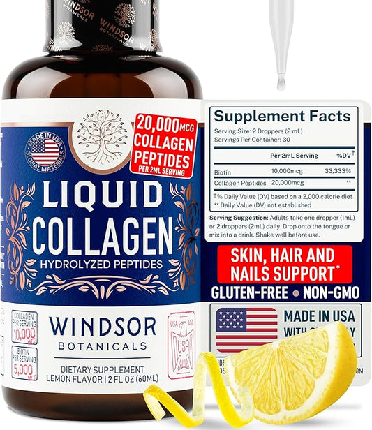 Concentrated Liquid Collagen Peptides Supplement - Hair, Skin, Nail, Joints Support - Sublingual Drops by WINDSOR BOTANICALS - 10,000mcg Collagen, 5,000mcg Biotin - Lemon Flavor - 2-Month - 2 oz