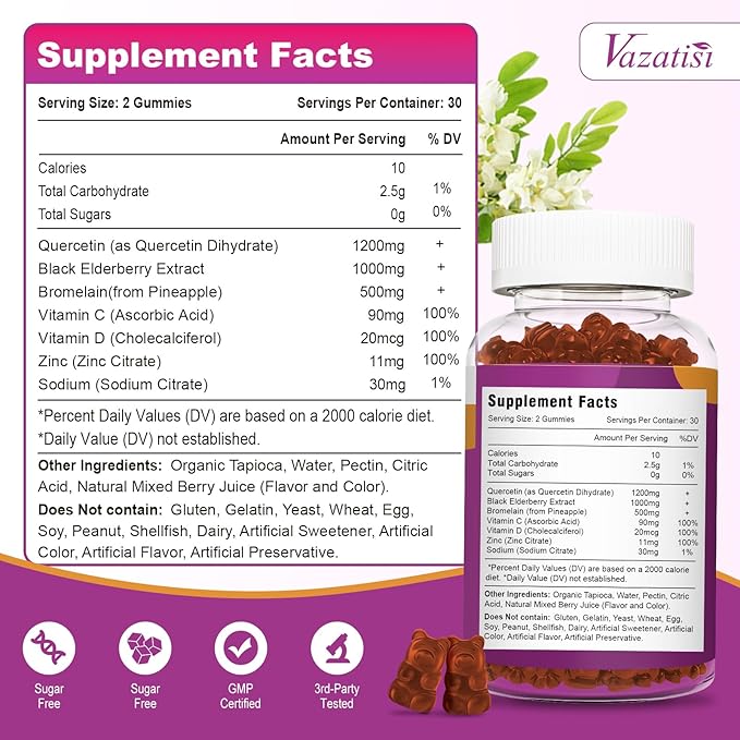 Quercetin Gummies, Quercetin with Vitamin C Zinc, Bromelain, Elderberry and Vitamin D, Immune Support Adults Kids, Women Men 120 Gummies Chewable