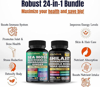 GiDa Culture Shilajit and Sea Moss Combo - Sea Moss and Shilajit Bundle with Ashwagandha, Black Seed, Turmeric, Bladderwrack, Burdock, Black Pepper with Vitamins and Antioxidants - 120 Veggie Capsules