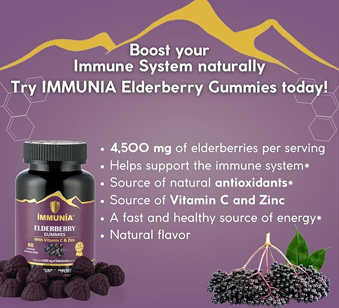 Immunia Elderberry Gummies. for Optimal Immune Support. Highly Concentrated of Elderberry (4,500 mg/2 Gummies). with Vitamin C & Zinc. Antioxidant. Gelatin-Free. Delicious. 60 Gummies
