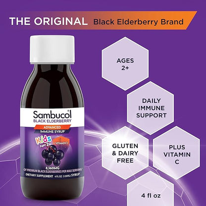 Sambucol Black Elderberry Syrup for Kids - Kids Elderberry Syrup, Added Vitamin C, Black Elderberry Syrup, Sambucus Elderberry Kids Syrup for Immune Support, Delicious Berry Taste - 4 Fl Oz, 2-Pack